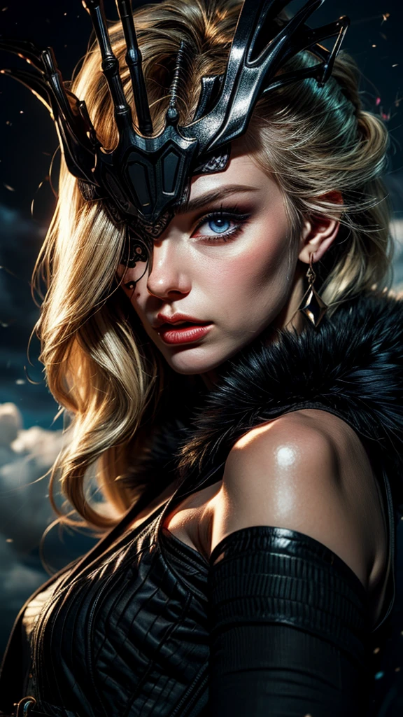"((fantasy art)) featuring an alien girl, immersed in a heavenly symphony, clouds turn into bright splashes, flowers are scattered, like notes in the wind, visual orchestration of color and wonder" night , full moon1girl, solo, blonde hair, blue eyes, long hair, open mouth, mask, one eye covered, eye shadow, makeup, collarbone, black mask, looking at viewer, bare shoulders,upper body,realistic,(shiny skin), signora \(genshin impact\), black mask, eye mask, one eye covered, fur trim, mature female, gloves, fur-trimmed coat