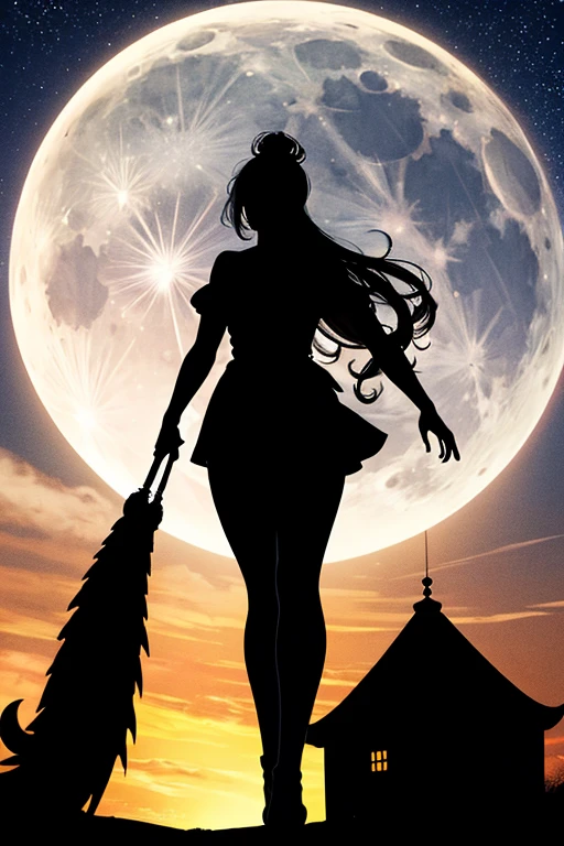 Highest quality,Big moon and shadow,A silhouette of a person can be seen against the backdrop of a large moon.,There is one full moon,There is a mood,Beautiful scenery,Starry Sky