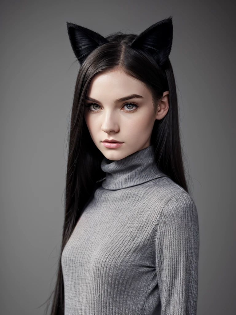 (best quality), 1girl, female, pale skin, (black hair), long hair, straight hair, grey eyes, perfect eyes, slender, tall, turtleneck sweater, (cat ears), stylish, elegant, serious, normal bust, masterpiece, anatomically correct, highres