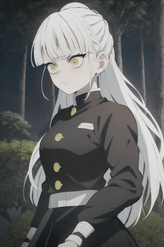 kimetsu no yaiba style, 1girl, white hair in a bun, demon slayer uniform, solo, yellow eyes,holding a katana ,white hair, all black cape, all black haori, outdoors, bangs, tree,, anime coloring, ((masterpiece)) , night background , beautiful girl, cute, solo , angry face , ((high quality)) , standing solo fighting