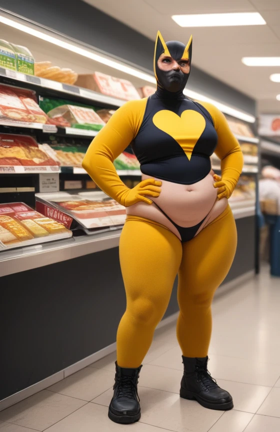 Chubby curvy Woman in heroine costume, (female version of Wolverine), Very tigh an small costume, almost naked , mask look like Wolverine on face l almost showing her Very small breats, wearing a Very thong panties showing her crotch , (( fullbody view)), hands on hip, standing out side Supermarket


