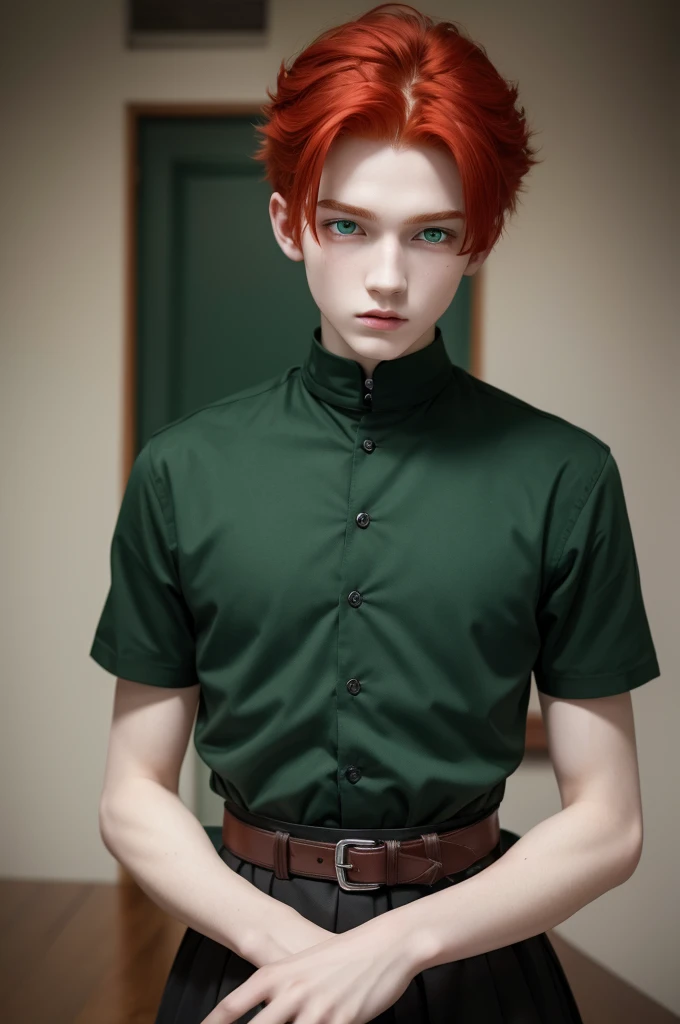 Red-haired boy , intense and malicious emerald green eyes, full lips and pale skin