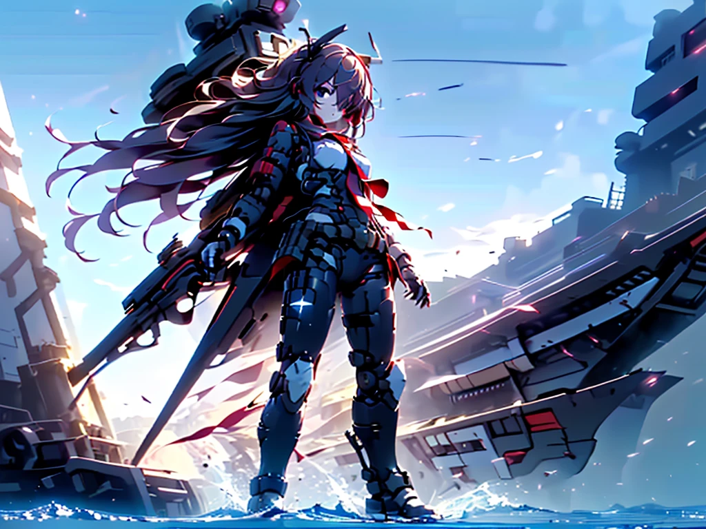 (((masterpiece, Vision))), ((((Full body of a woman with perfect flat chest、1 Female、solo、Short unkempt black hair、Tie your messy hair at the nape of your neck、white military jacket、Miko costume、black tights、Black glasses are black、White military cap、Cloudy black eyes、Confused eyes、Junyo-inspired emblem、Ship-style boots)))), (((Shipgirl))), ((Floating on the morning sea with both feet)), (Standing with your legs apart)), Aim, (Hold the shotgun turret grip with your right hand), (Four mechanical tentacles covered in white armor extend from its back.), (Holding a shotgun with metal tentacles), (Equipped with a bridge on the back), (His left arm holds the grip of a triple-barreled shotgun),