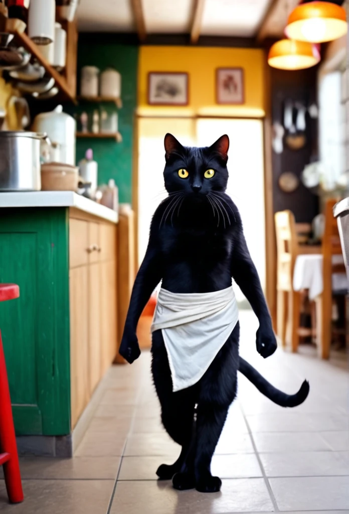 photo, The cutest click bait monster on earth, cat, walking on two legs, with wide, kind eyes, wearing a loincloth, like Puss in Boots,Behind the restaurant kitchen、Black cat