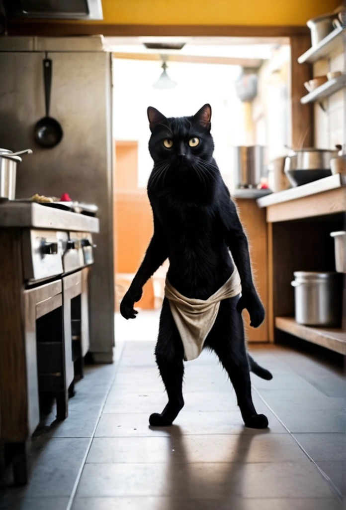 photo, The cutest click bait monster on earth, cat, walking on two legs, with wide, kind eyes, wearing a loincloth, like Puss in Boots,Behind the restaurant kitchen、Black cat