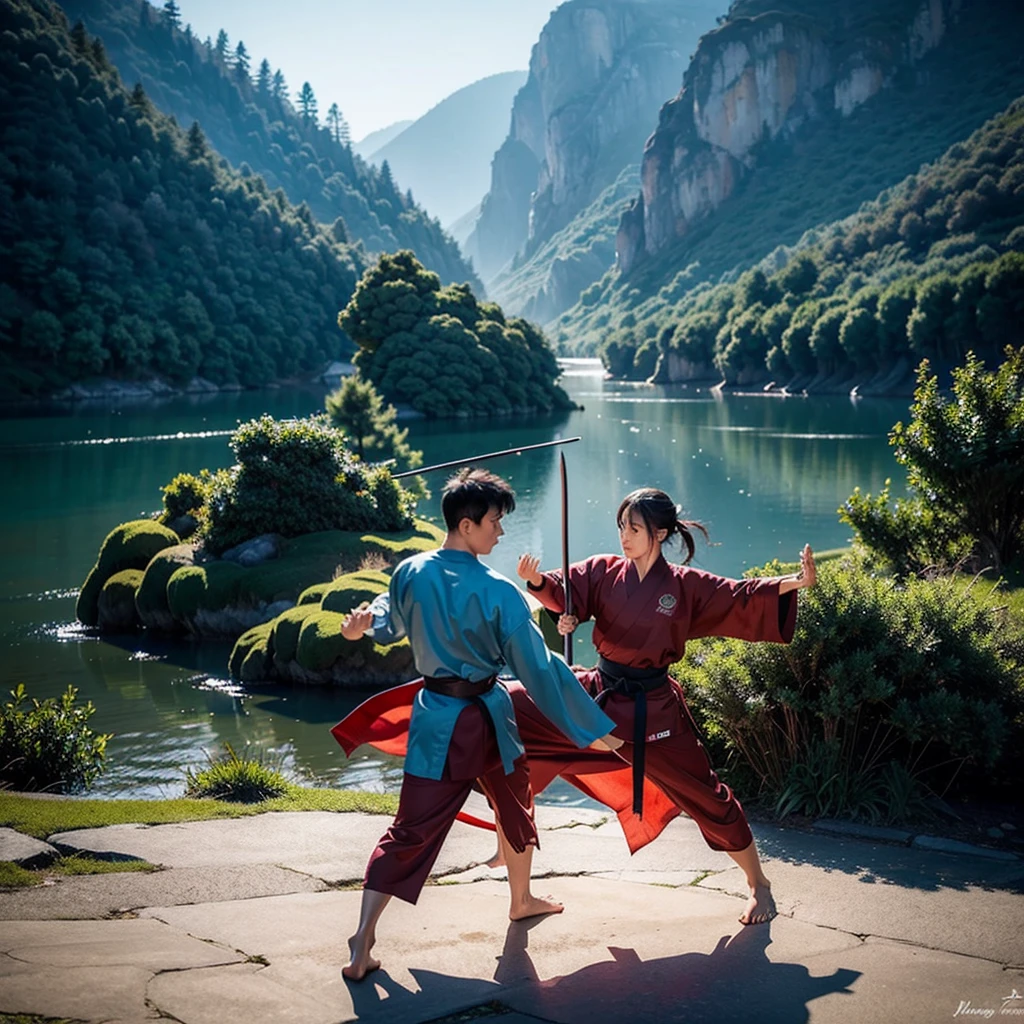 Create a meditative image of two super geniuses dueling two characters in a stunning martial arts landscape., This swordplay art piece needs fantastic lighting as it flies around
