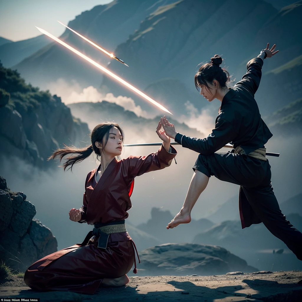 Create a meditative image of two super geniuses dueling two characters in a stunning martial arts landscape., This swordplay art piece needs fantastic lighting as it flies around