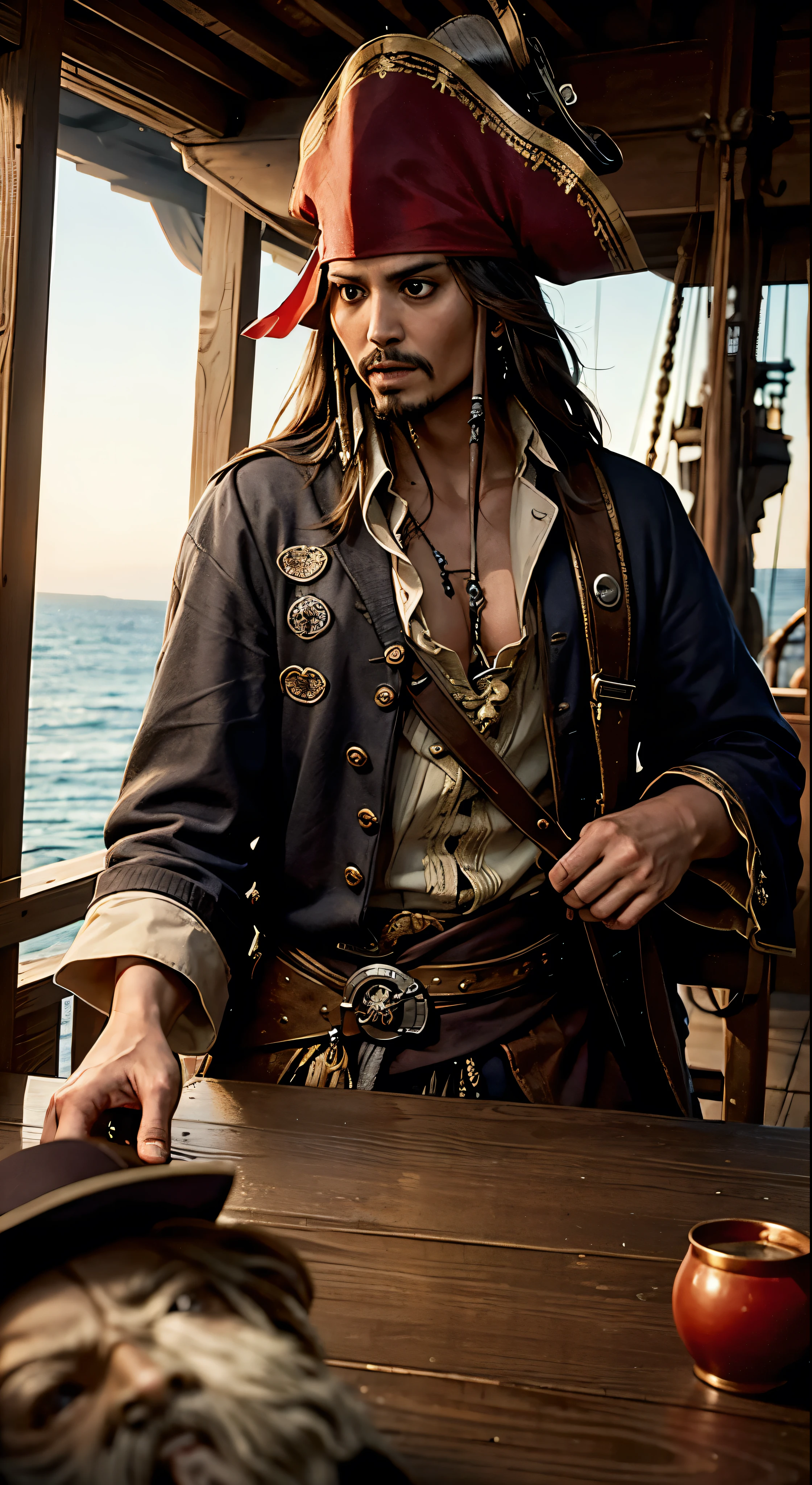 A scene from a movie。Pirates of the Caribbean，A picture of Jack Sparrow talking to someone on a pirate ship