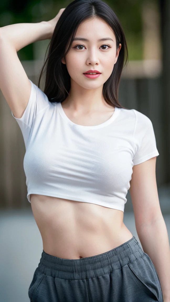 dressed, (photo realistic:1.4), (hyper realistic:1.4), (realistic:1.3),
(smoother lighting:1.05), (increase cinematic lighting quality:0.9), 32K,
1girl,20yo girl, realistic lighting, backlighting, light on face, ray trace, (brightening light:1.2), (Increase quality:1.4),
(best quality real texture skin:1.4), finely detailed eyes, finely detailed face,
(tired and sleepy and joy), (laugh:0), face closeup, t-shirts, outlined
(Increase body line mood:1.1), (Increase skin texture beauty:1.1) , waist shot, flowing long pant