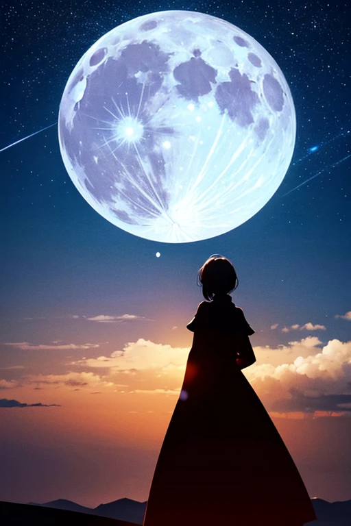 Highest quality,Big moon and shadow,A silhouette of a person can be seen against the backdrop of a large moon.,There is one full moon,There is a mood,Beautiful scenery,Starry Sky