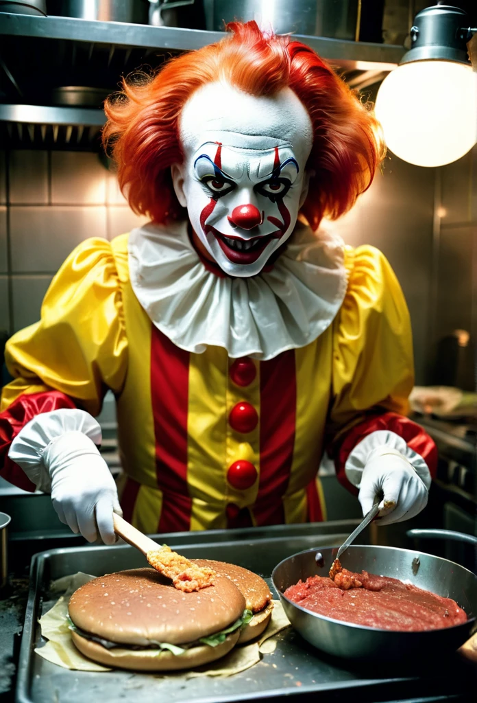 a scary clown looking like Ronald McDonald, frying burgers in a small kitchen, candid 35mm shot, motion blur, cinematic expired slide film, detailed facial features, hyper-realistic, dark moody lighting, gritty grungy atmosphere, vivid colors, detailed textures, intricate details, photorealistic, masterpiece