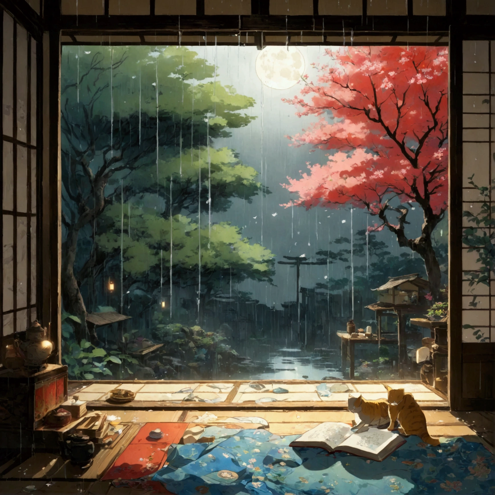 dim、old、room、tatami、Shoji screen、Covered in dust、secondhand book、Study、machine、Pen、ink、paper、inkstone、Cat、Catの目、Catの足跡、leftovers、fish、milk、window、garden、dead tree、flower、rain、Wind、moon、star、Silence、Lonely、think、emotion、words、literature、novel、Life、world、Relationships、trap、monster、Pitfalls、Treasure Chest、item、arms、Armor、Restorative drugs、food、adventure