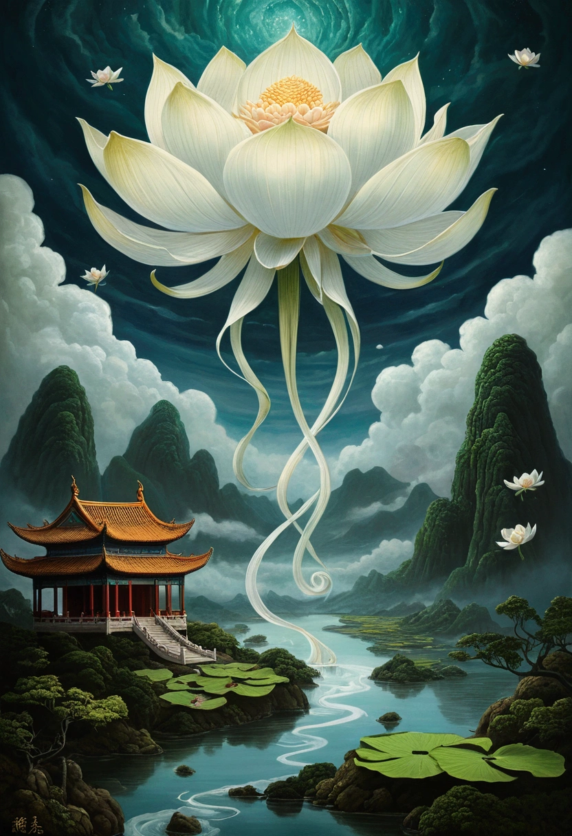 Antique painting，China神明，Fairy air，White streamer，China，Giant creatures，White Lotus，Lovecraftian gods。Impression style，Lovecraft atmosphere，Lovecraftian inspiration，Cloudy，Distant skies