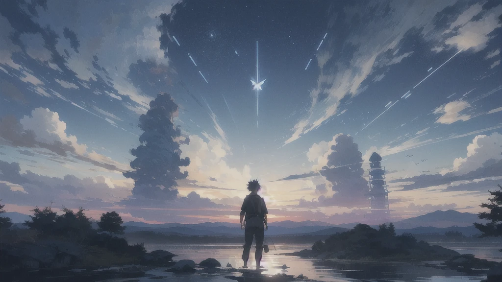 真っ暗なnight空,Octane, star (null), scenery, Blue parakeet,The acoustic guitar is in front of the body.,star, night, A girl and a boy 座ってる back to back, Back view, alone, Outdoor, city,river,Blue parakeet,building, cloud, 天のriver,silhouette