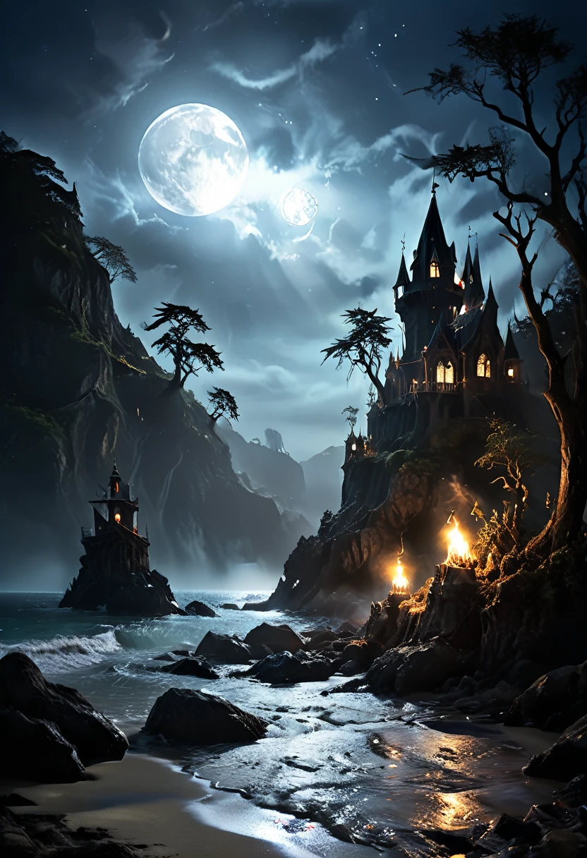 arafed, dark fantasy art, goth art,  an award winning digital picture, National Geographic picture of a dark mysterious island at night, it is night time, a dark island, dark gloomy beach, skull on the beach, some large ancient trees, a dark castle, lit with torches, necromancy magic, full moon, some stars,  Ultra-high resolution, High Contrast, (masterpiece:1.5), highest quality, Best aesthetics), 16K fantasy art, best details, best quality, highres, (ultra wide angle: 1.2), 16k, [ultra detailed], masterpiece, best quality, (extremely detailed), ladyshadow