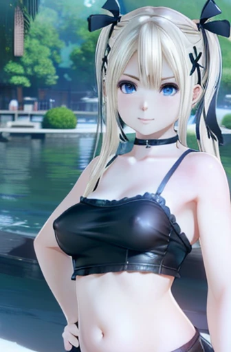 Browsing Caution, Marie Rose, (Detailed eyes), (Delicate skin), 最high quality, Best Designer, Best illustrations, (Photorealistic photography: 1.3), (Highly detailed skin:1.2), 8K Ultra HD, Digital SLR, high quality, High resolution, Put your arms behind your back, Big Breasts, Metal collar, belly button, Bare nipples