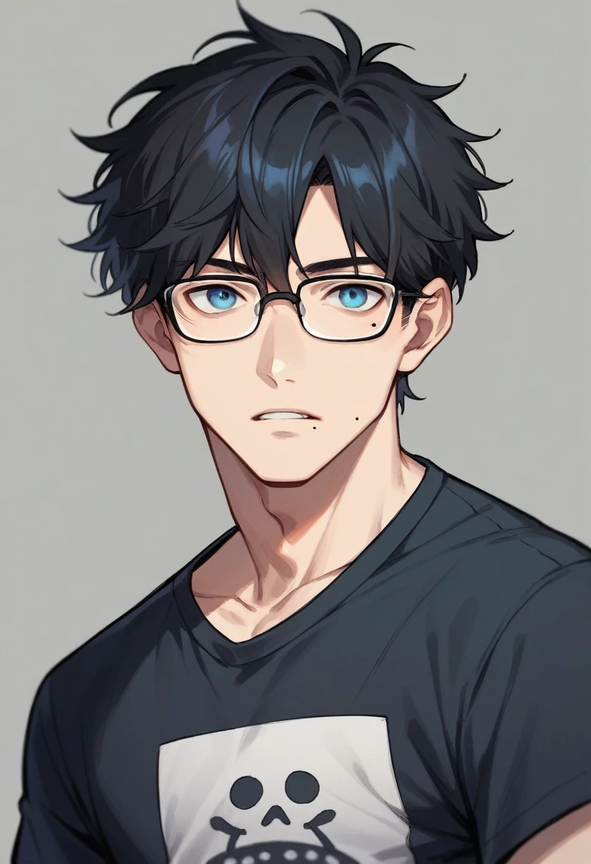 A man with black hair, blue eyes, wearing a t-shirt, square glasses, hair parted in the middle, dark circles around the eyes, a mole under the mouth, bold type.