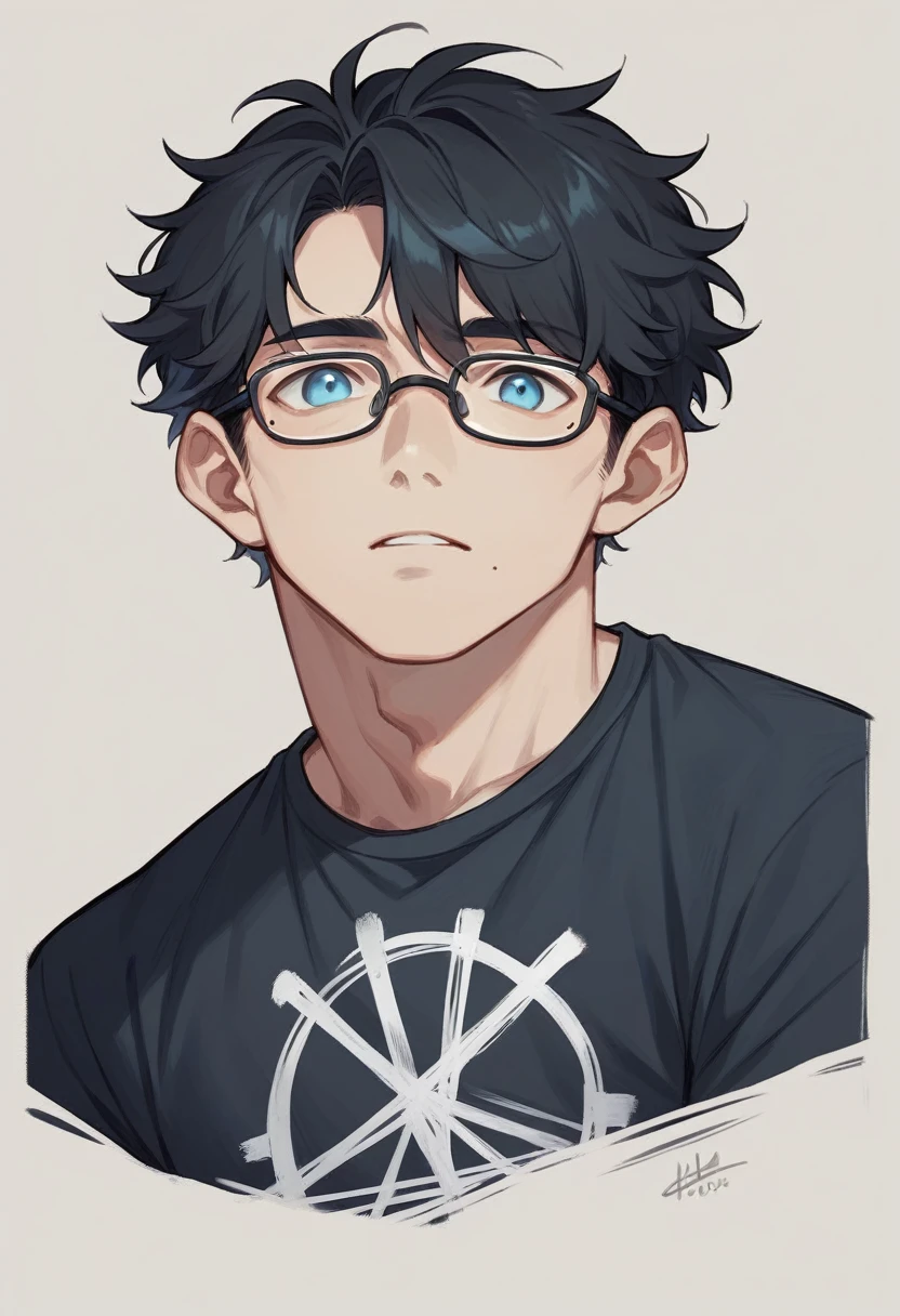 A man with black hair, blue eyes, wearing a t-shirt, square glasses, hair parted in the middle, dark circles around the eyes, a mole under the mouth, bold type.