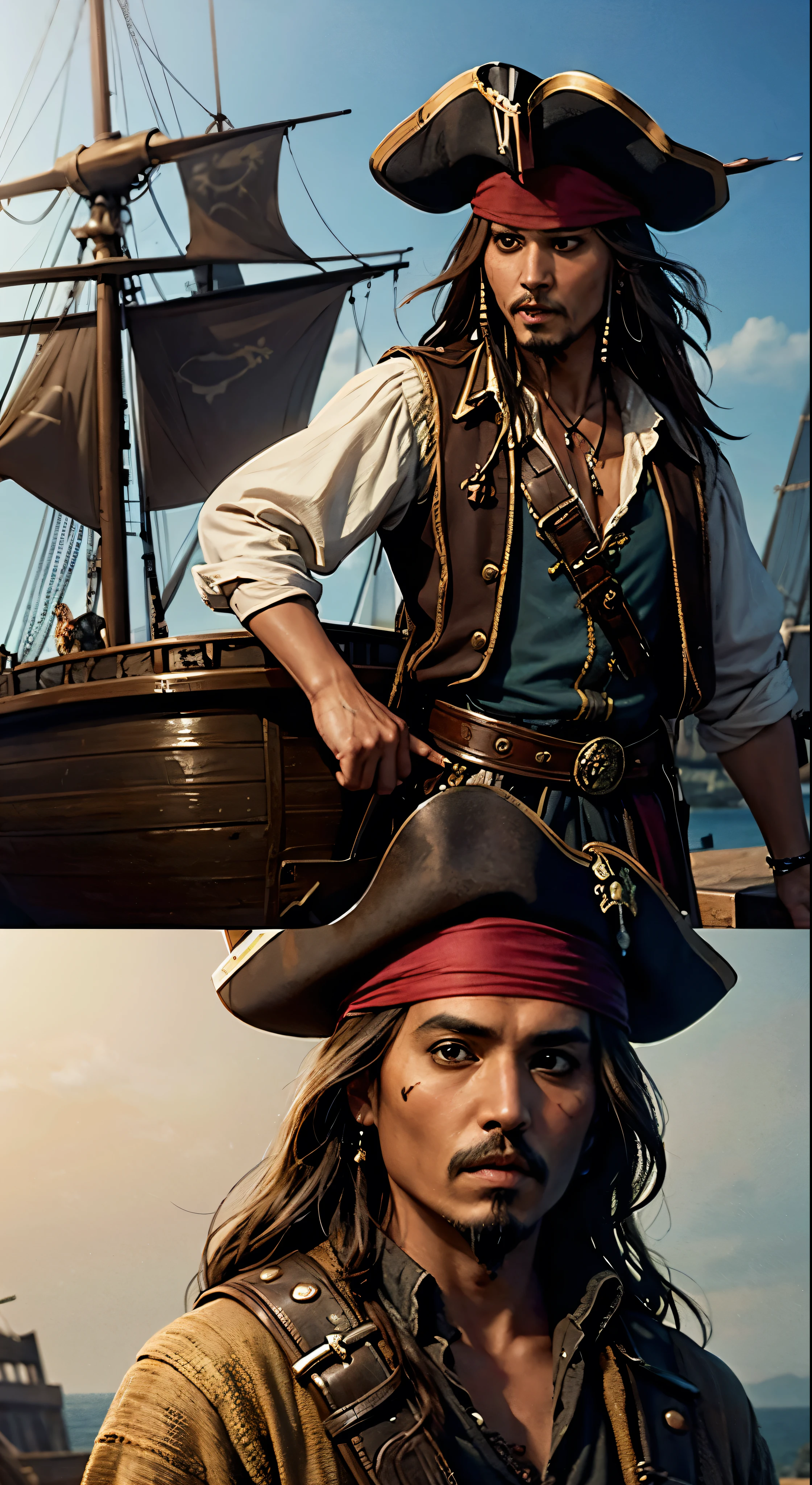 A scene from a movie。Pirates of the Caribbean，A picture of Jack Sparrow talking to someone on a pirate ship