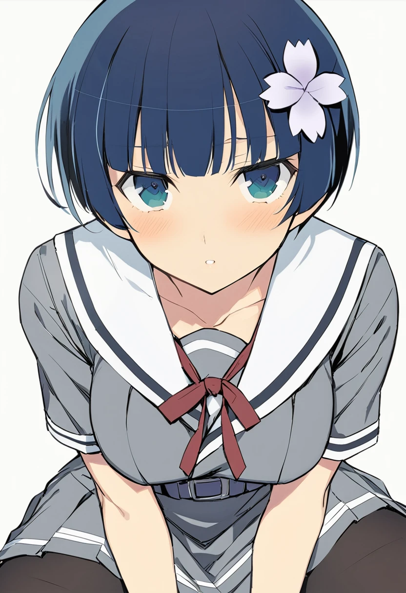 masterpiece, best quality, 
yozakura (senran kagura), 1girl, solo, short hair, blue hair, blue eyes, large breasts, hair ornament, hair flower, 
flower, emblem, 
white background, looking at viewer, 

Yozakura_School, , white sailor collar, grey jacket, black buttons, grey skirt, skirt frills, neck ribbon, grey belt, black pantyhose, grey loafers, 