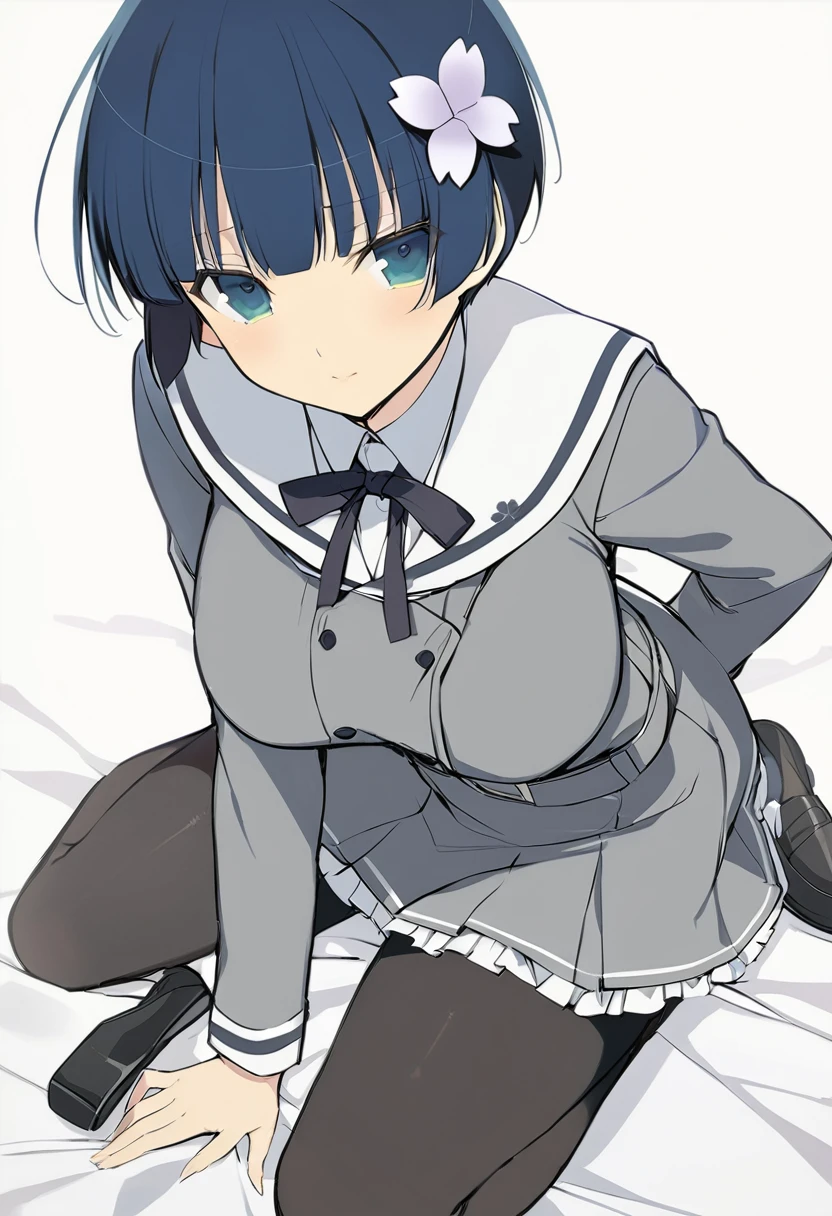 masterpiece, best quality,
yozakura (senran kagura), 1girl, solo, short hair, blue hair, blue eyes, large breasts, hair ornament, hair flower,
flower, emblem,
white background, looking at viewer,
Yozakura_School, , white sailor collar, grey jacket, black buttons, grey skirt, skirt frills, neck ribbon, grey belt, black pantyhose, grey loafers,