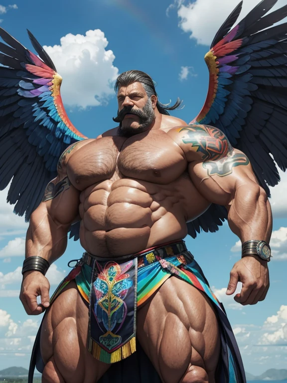 Hyper-realistic image of a macaw superhero with two huge symmetrical rainbow wings, very old and very sweaty gray-haired bodybuilder, more than 80 years, very muscular and fat, over 200 kilos, with bare torso, large and flaccid pectorals, brown nipples and big gray mustaches, with huge tattooed arms flying. in a blue sky with white clouds dressed in a rainbow feather skirt