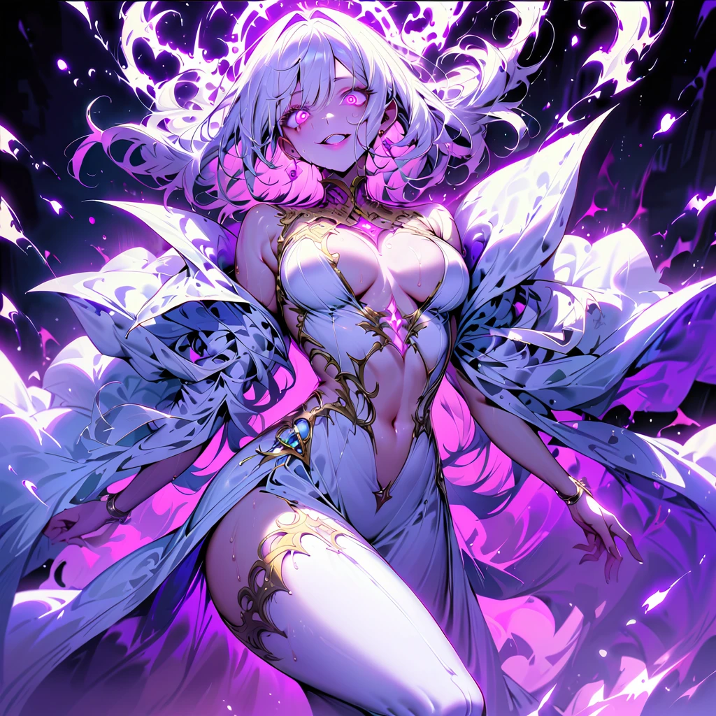 One young and beautiful woman,(Highest quality,Extremely detailed depiction,Incredibly absurd high resolution,Anatomically accurate depiction,Perfect body,Two curvaceous legs),(A fantastic goddess in a mysterious costume),(Gorgeous white outfit),eyelash,eye shadow,eyeliner,mascara,Flashy makeup,(Intensely glowing purple eyes,(Crazy Eyes),Glossy Lips,Wicked Smile,There is cleavage in the chest,whole body),Sweat,background:Temple of the Night,Purple light
