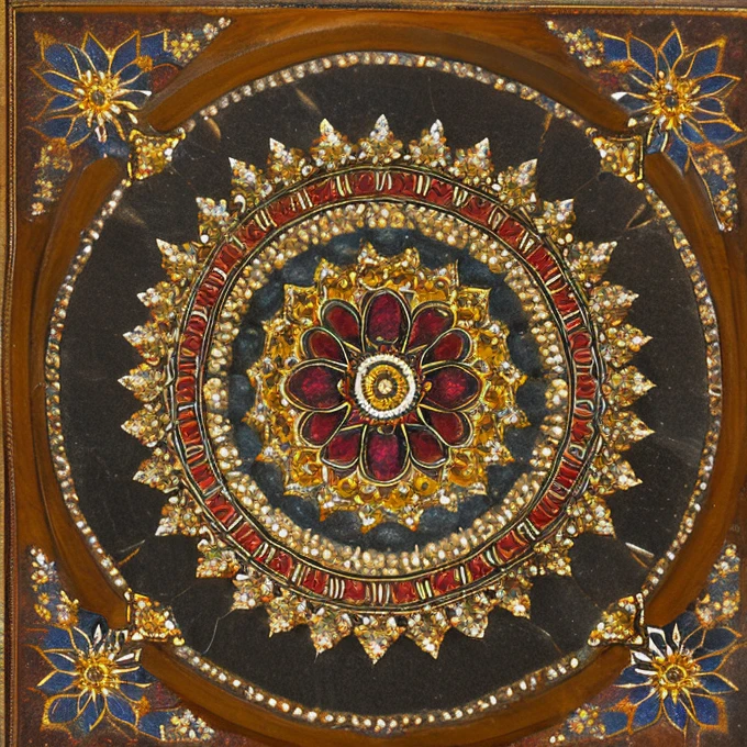 389^(3),a plain surface of stone,((polished stone)), realistic,(( dark basaltic stone)),((dark red venatures)),((dark yellow sfumatures)),(( realistic colour)) natural design. Incastonated in the center of the stone there is a mosaic that is a ((mandala)) made of quartz, white marble and gold. The mandala figure originates from a eight pointed star.photographic,ultra high resolution,hyperdetailed, masterpiece, 3d modelling.