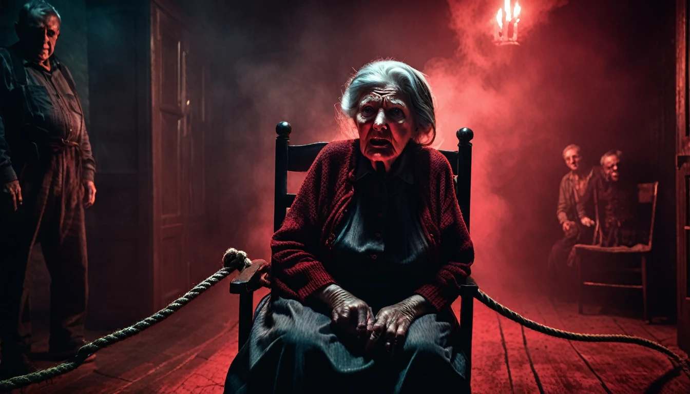 a terrified old woman tied to a chair with rope, mouth gagged, in a dark evil room with red smoke, 3 sinister thieves surrounding her, dramatic lighting, dark gritty atmosphere, chiaroscuro, moody, cinematic, dark fantasy, horror, suspense, masterpiece, photorealistic, hyper detailed, 8k, award winning, dramatic shadows, moody lighting, dramatic angles, tense, unsettling, haunting, eerie, ominous, foreboding