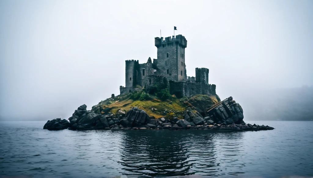 A mysterious castle ruin on a rocky island in the middle of a great lake, shrouded in rain, fog and mist, with a cinematic HDR lighting and film grain effect, captured with a DSLR camera.