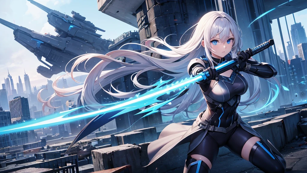 A pretty girl with blue eyes fighting with both hands holding a weapon. The background is a game world in the middle of a battle, a futuristic city is about to be destroyed.