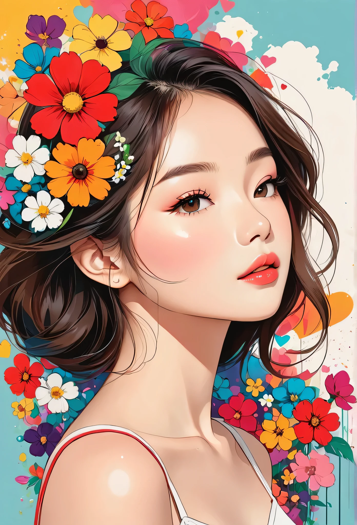 Hayao Miyazaki Style、The most beautiful girl of all time、Lips in Love、Colorful flowers、Simple line initials、Abstract art、Urban Background, Lips in Love