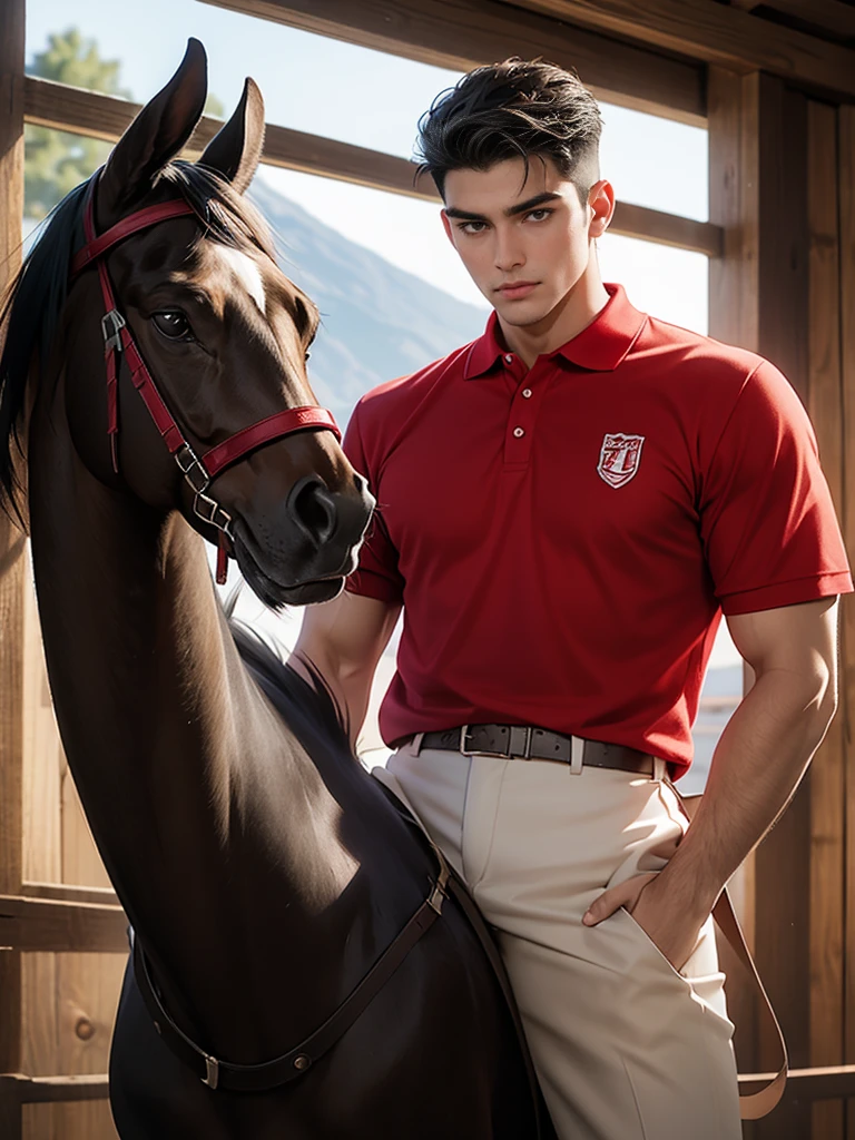 portrait headshot of a A tall handsome 27 year old man in a red and white long sleve polo shirt and white ridding pants and knee length  black boots. Holding a black horse by the harness with his left hand. He has black hair with a 70s-Inspired Shag brown eyes and light tan skin. He is muscular, athletic, and strong. In the background is a stable is a building in which livestock, especially horses, are kept.