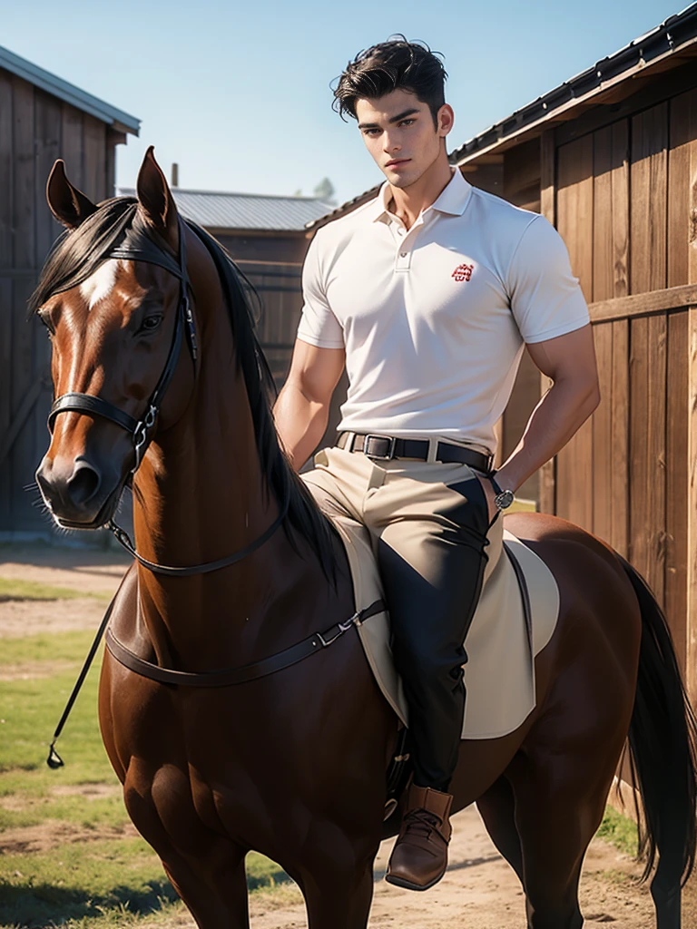 portrait headshot of a A tall handsome 27 year old man in a red and white long sleve polo shirt and white ridding pants and knee length black boots. Holding a black horse by the harness with his left hand. He has black hair with a 70s-Inspired Shag brown eyes and light tan skin. He is muscular, athletic, and strong. In the background is a stable is a building in which livestock, especially horses, are kept.