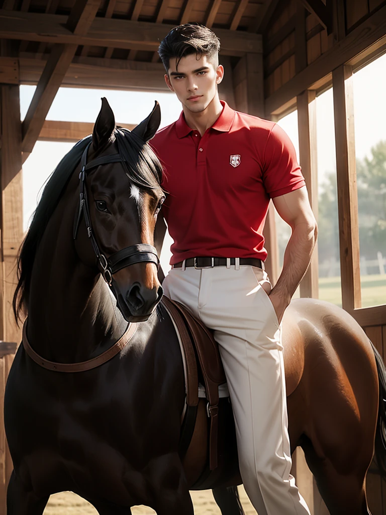 portrait headshot of a A tall handsome 27 year old man in a red and white long sleve polo shirt and white ridding pants and knee length black boots. Holding a black horse by the harness with his left hand. He has black hair with a 70s-Inspired Shag brown eyes and light tan skin. He is muscular, athletic, and strong. In the background is a stable is a building in which livestock, especially horses, are kept.
