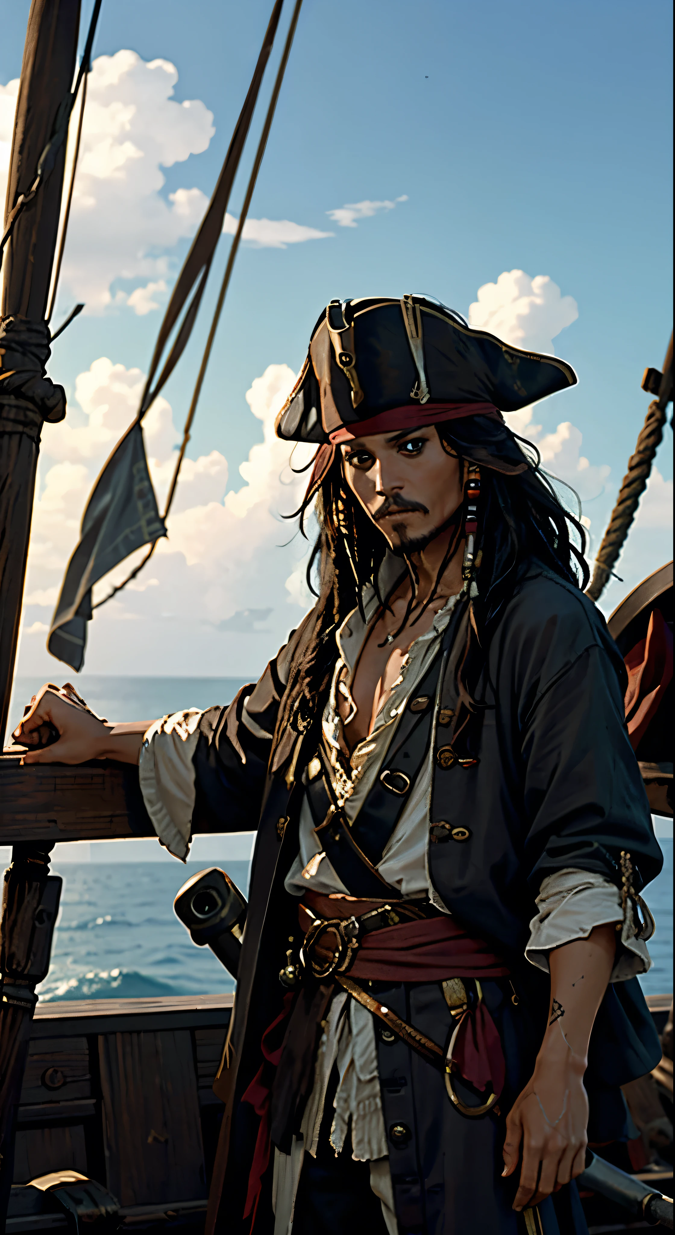 A scene from a movie。Pirates of the Caribbean，A picture of Jack Sparrow talking to someone on a pirate ship