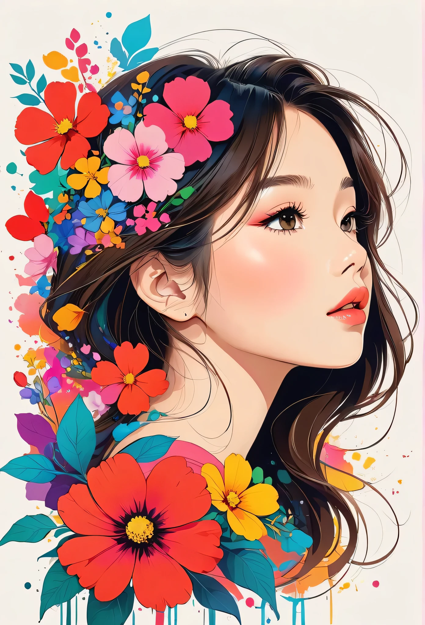 Hayao Miyazaki Style、The most beautiful girl of all time、Lips in Love、Colorful flowers、Simple line initials、Abstract art、Urban Background, Lips in Love