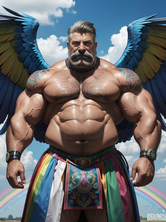 Hyperrealistic image of a burlesque dancing superhero with two huge symmetrical rainbow wings., very old and very sweaty gray-haired bodybuilder over 80 years old very muscular and fat, over 200 kilos with a naked torso. large and flaccid pectorals. brown nipples and big gray mustaches with huge tattooed arms dressed in black lace women&#39;s underwear and high heels on the stage of a burlesque 