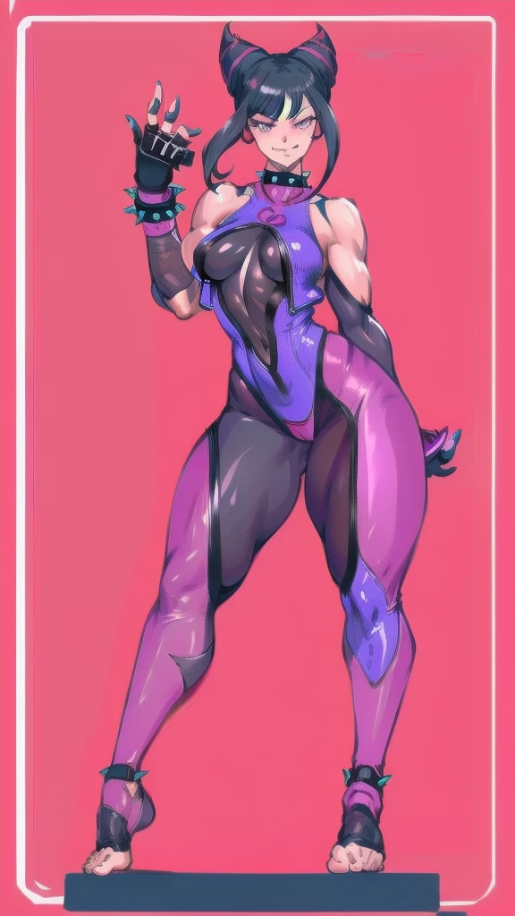 Full body image of Juri Han from Street Fighter 5, wearing her original outfit (black and purple bodysuit with spiked accents, barefoot with taped feet, and arm guards), short black hair styled in twin buns, female body, athletic and flexible body, dynamic pose, detailed pose, simple background, expressive face showing a mischievous grin, focus on face, line art, sketch