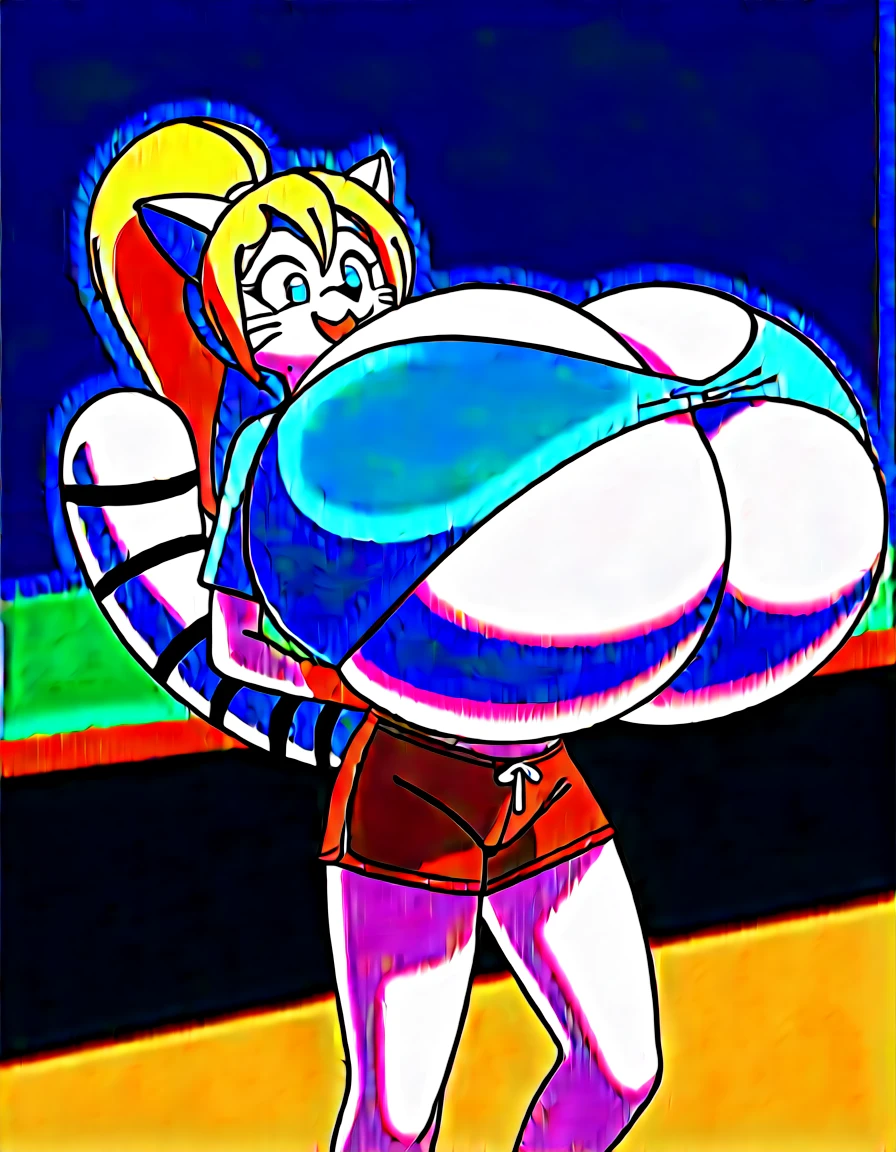 Solo, score_9,score_8_up,score_7_up, source_furry, (Kat, Anthro furry feline girl, adult female, blue eyes, blonde hair, hair in a pony tail, eyes half closed, silver fur, grey stripes, tail), wearing blue bandeau, brown shorts, standing, mouth open, feline teeth, a cherry placed between her teeth, biting on a cherry, smirking, (a cherry in her mouth):1.4,  H cup sized chest, huge overfilled round breast_implant like a blimp, hyper_breast_implant Some of the biggest expanding breasts and booty in the world. Only inflating, floating, tiptoes, hyper breasts, heliumtits, arched back, 