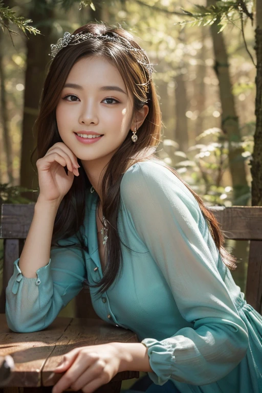 (((table top:1.4, highest quality)), (realistic pictures:1.4),
((1 girl)),
(超High resolution:1.2), very delicate and beautiful, wonderful, Highly detailed CG Unity 8k wallpaper, Super detailed, High resolution,
soft light, beautiful detailed lady, highly detailed eyes and face, beautifully detailed nose, dimples,
(princess of fairyland:1.3),
cinematic lighting, perfect anatomy, slender body, ,
(little house in the forest:1.3),
cowboy shot, looking at the viewer, smile)