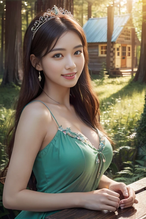 (((table top:1.4, highest quality)), (realistic pictures:1.4),
((1 girl)),
(超High resolution:1.2), very delicate and beautiful, wonderful, Highly detailed CG Unity 8k wallpaper, Super detailed, High resolution,
soft light, beautiful detailed lady, highly detailed eyes and face, beautifully detailed nose, dimples,
(princess of fairyland:1.3),
cinematic lighting, perfect anatomy, slender body, ,
(little house in the forest:1.3),
cowboy shot, looking at the viewer, smile)