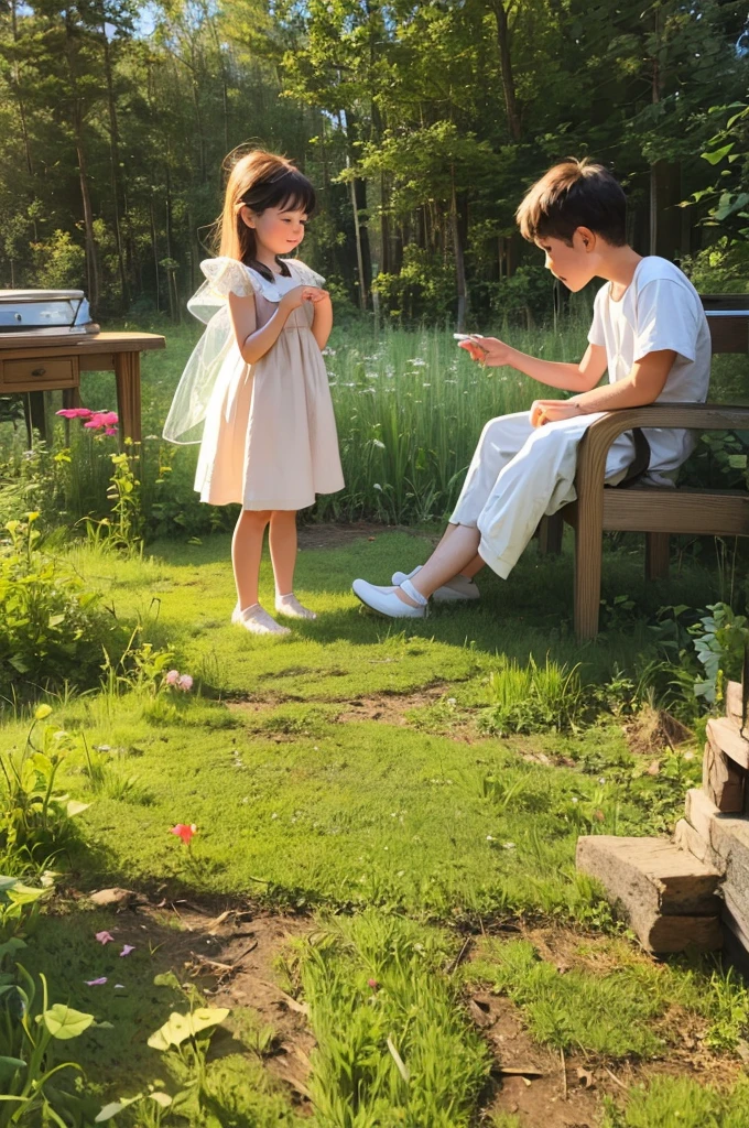 Illustration for a fairy tale about a brother and sister, who lived in a house in the forest, and played with the dog.