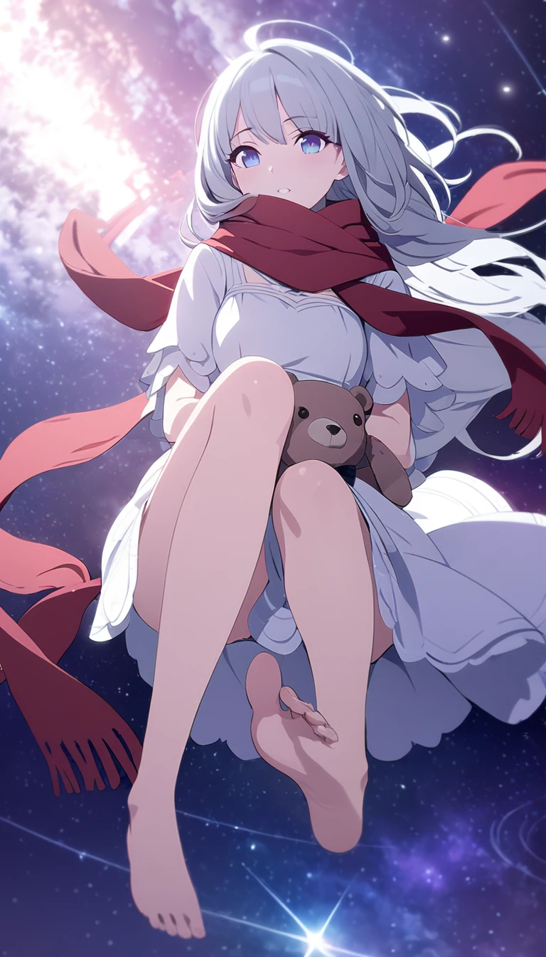 (((masterpiece))), (((best quality))),(((high detail))),light manipulation, girl with long silver hair, gradient purple to sky blue eyes, wearing a white dress, a red scarf, galaxy background, holding a teddy bear, feet, no footwear