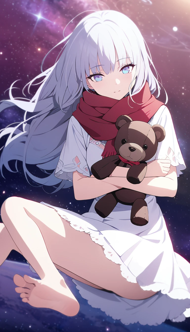 (((masterpiece))), (((best quality))),(((high detail))),light manipulation, girl with long silver hair, gradient purple to sky blue eyes, wearing a white dress, a red scarf, galaxy background, holding a teddy bear, feet, no footwear