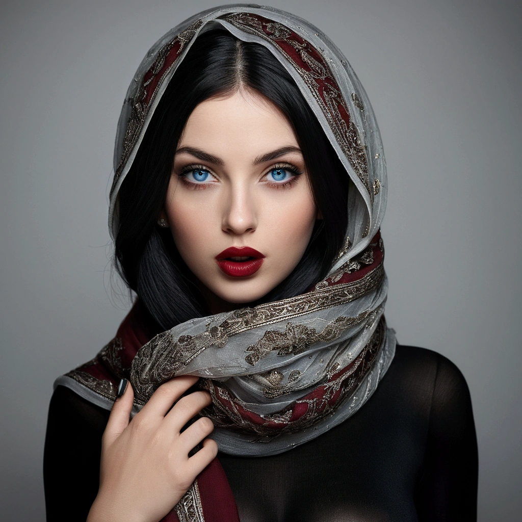 Beautiful veiled girl with long straight black hair sticking out in a scarf, hair sticking out from under the scarf.   Big and beautiful black eyes, very high quality and very realistic, dark red lips and black tights, curvy and big breasts, head in profile, flirting with closed eyes, long eyelashes, black eye shadow, black eyeliner,  Cinematic, detailed female face looking at camera, blue eyes, hot thick red lips, open mouth, correctly deformed fingers, pointed eyes