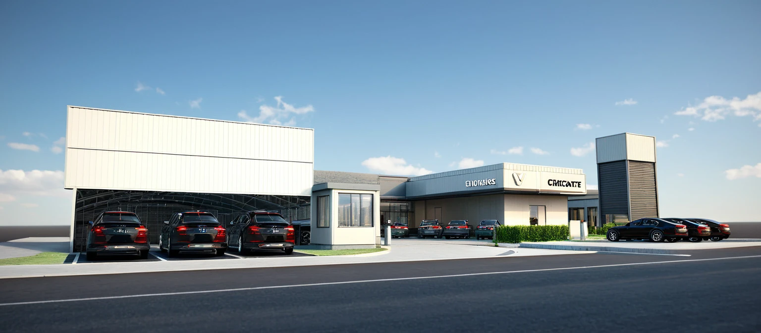 a rendering of a factory with a large building and a car, bw 3 d render, artists impression, artist impression, digital rendering, exterior shot, artist's impression, detailed rendering, conceptual rendering, wide establishing shot, rendered illustration, concept drawing, rendering of checkmate, street level view, vue 3d render, vue render, architectural rendering, digital render, rendering