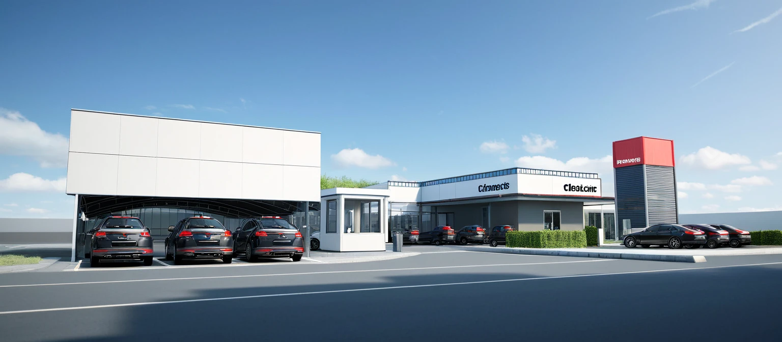 a rendering of a factory with a large building and a car, bw 3 d render, artists impression, artist impression, digital rendering, exterior shot, artist's impression, detailed rendering, conceptual rendering, wide establishing shot, rendered illustration, concept drawing, rendering of checkmate, street level view, vue 3d render, vue render, architectural rendering, digital render, rendering