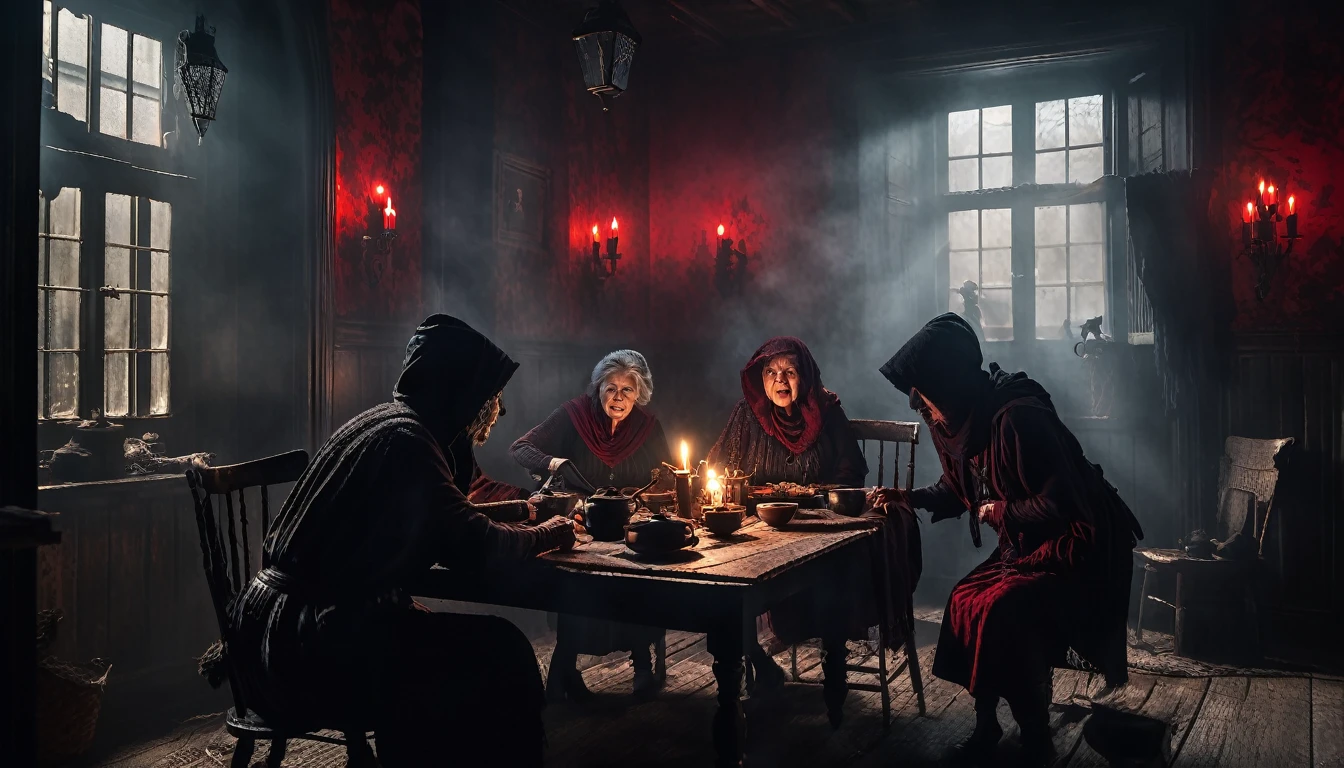 a group of 3 thieves fighting, an old granny, inside a dark and creepy old house, red smoke, (best quality,4k,8k,highres,masterpiece:1.2),ultra-detailed,(realistic,photorealistic,photo-realistic:1.37),chiaroscuro lighting,dramatic lighting,gothic atmosphere,dark fantasy,moody,cinematic composition,dramatic poses,intense action,gritty details,dark and moody colors,dramatic shadows,dark and gritty