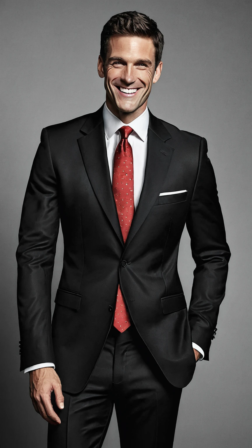 Red tie, black suit, smile, balck short hair